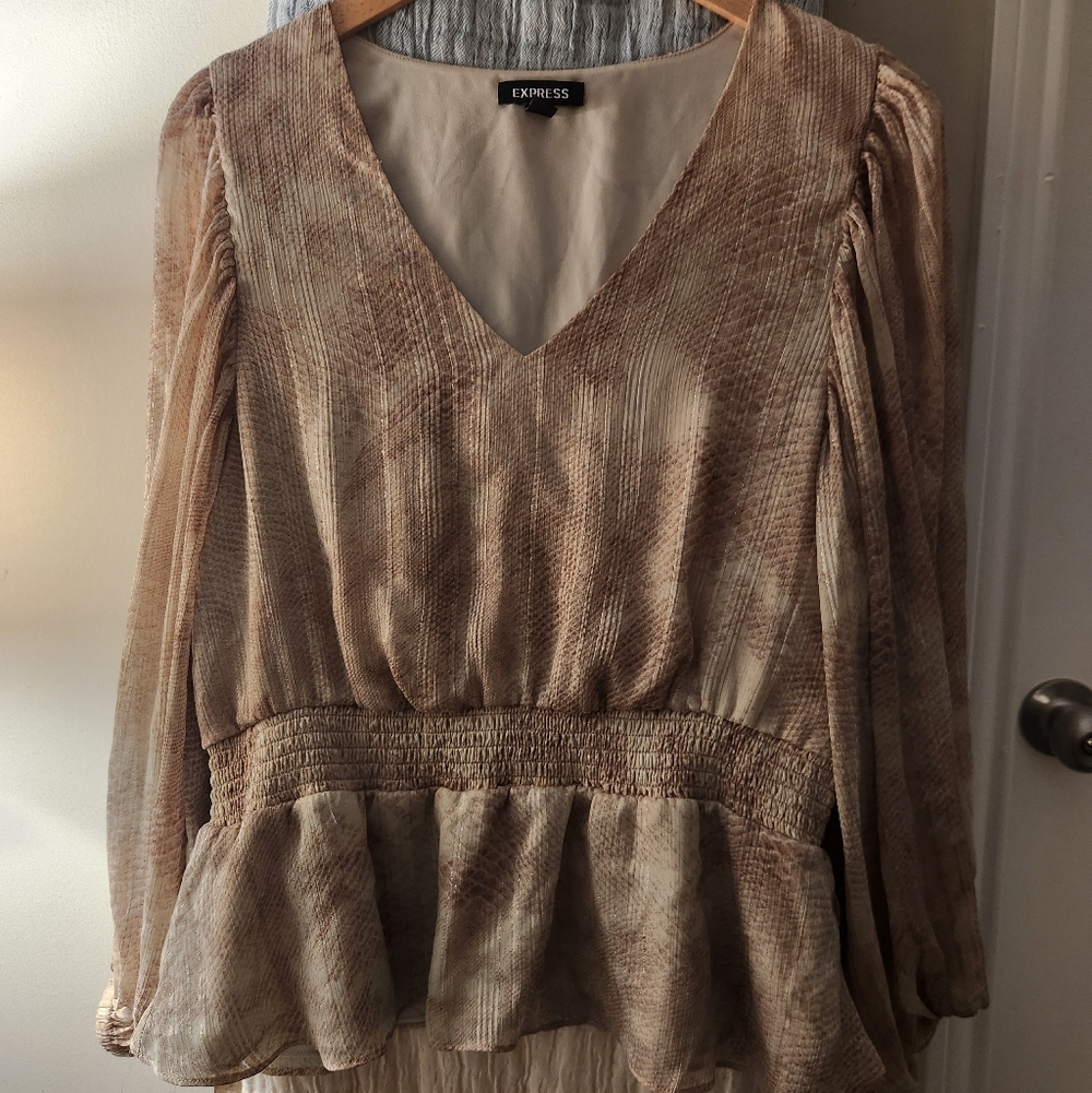 Express Beige & Light Brown Snakeprint V-Neck Smocked Peplum Blouse